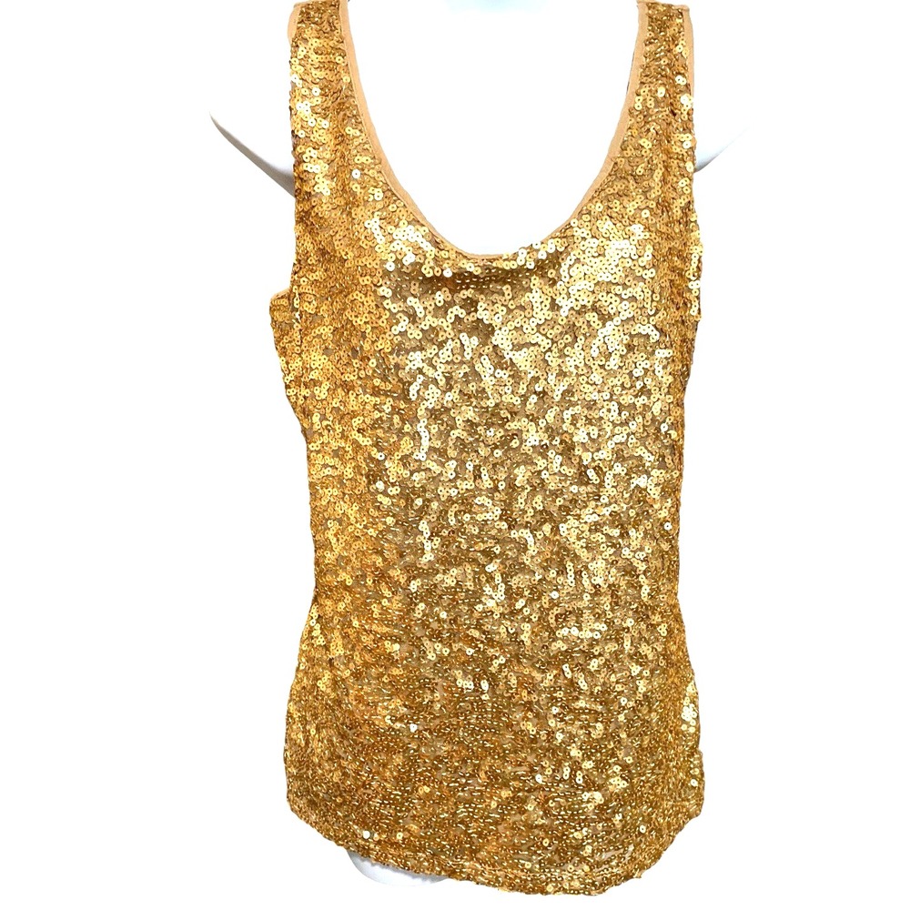 NY&C Blouse Womens M Gold Sequin Sleeveless Tank Top Stretch Glam Swiftie